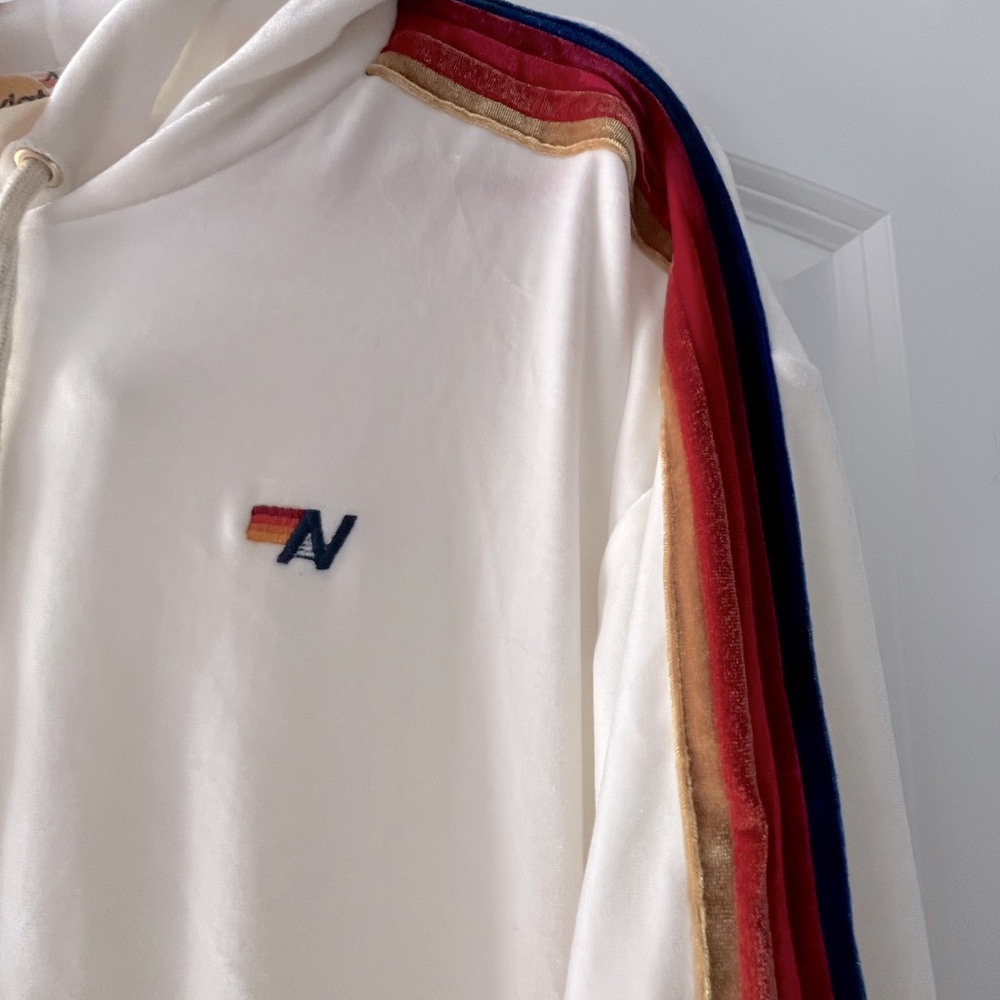 NWOT Aviator Nation White Hoodie with Red, Blue, and Gold Stripes